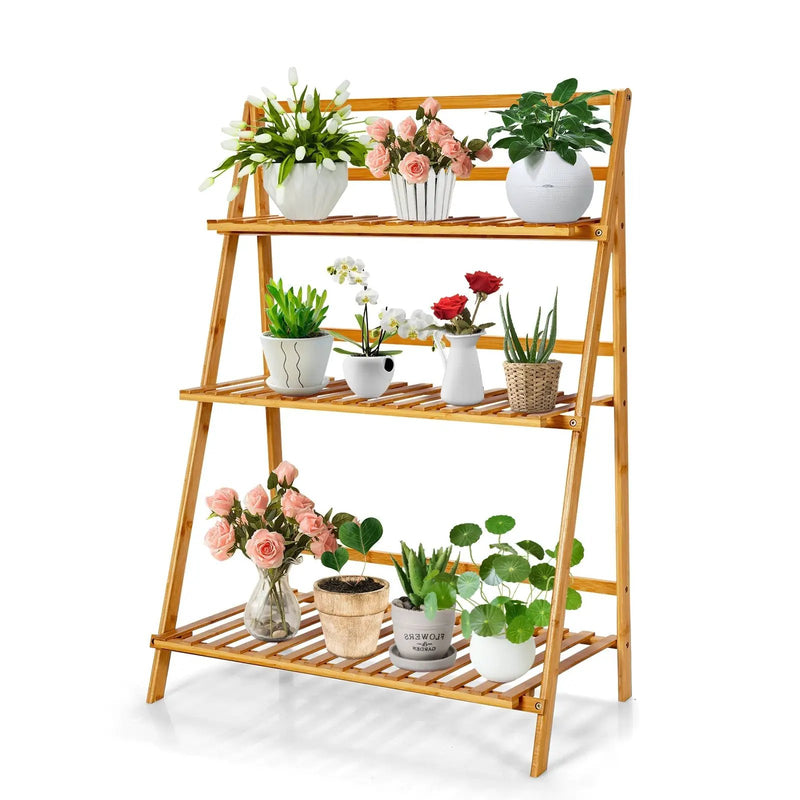3-Tier Bamboo Foldable Plant Stand with Display Shelf Rack-Natural by DirectDeals