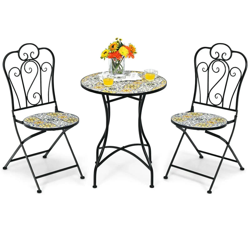 3 Pieces Patio Bistro Mosaic Design Set with Folding Chairs and Round Table by DirectDeals