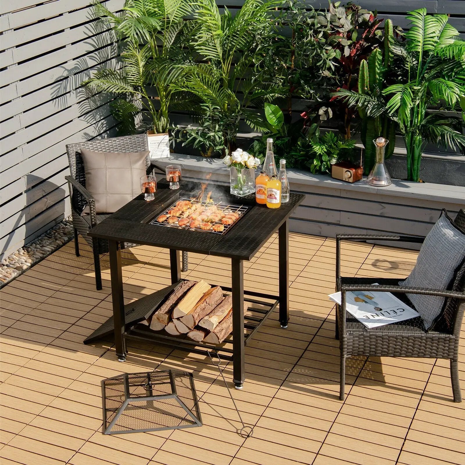 31 Inch Outdoor Fire Pit Dining Table with Cooking BBQ Grate by DirectDeals