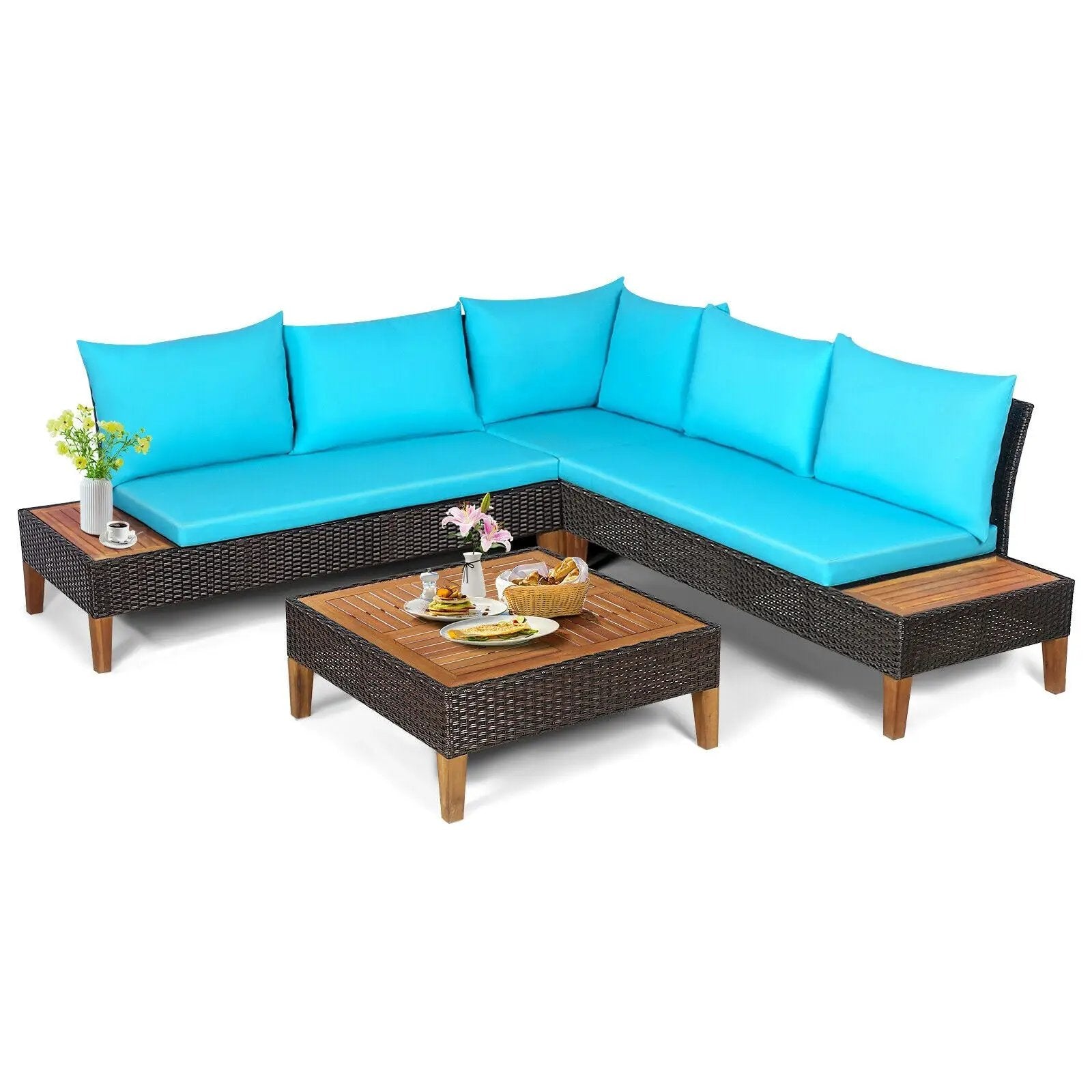 4 Pieces Patio Cushioned Rattan Furniture Set with Wooden Side Table by DirectDeals
