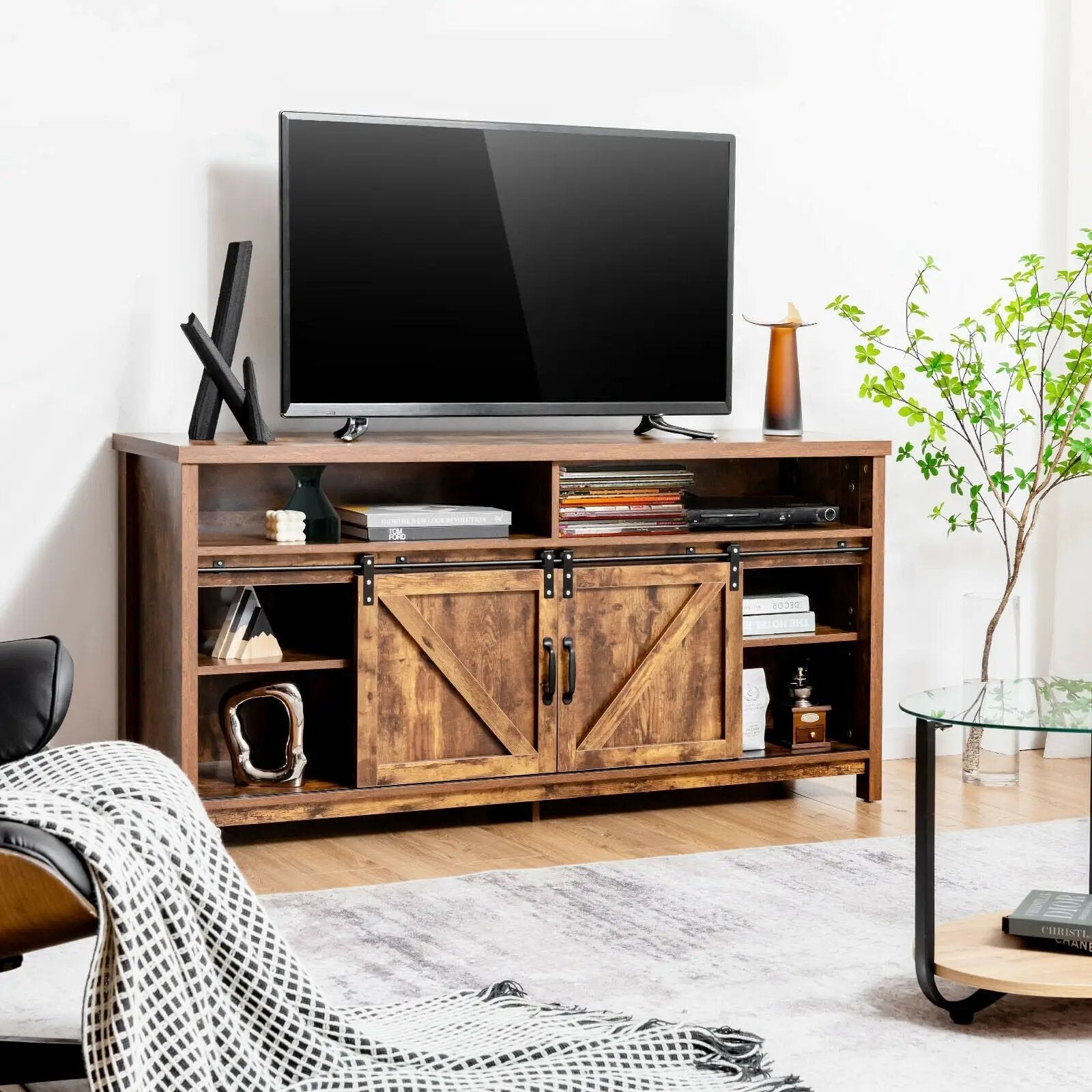 59 Inch Sliding Barn Door TV Stand with Adjustable Shelves for TVs up to 65 Inch by DirectDeals