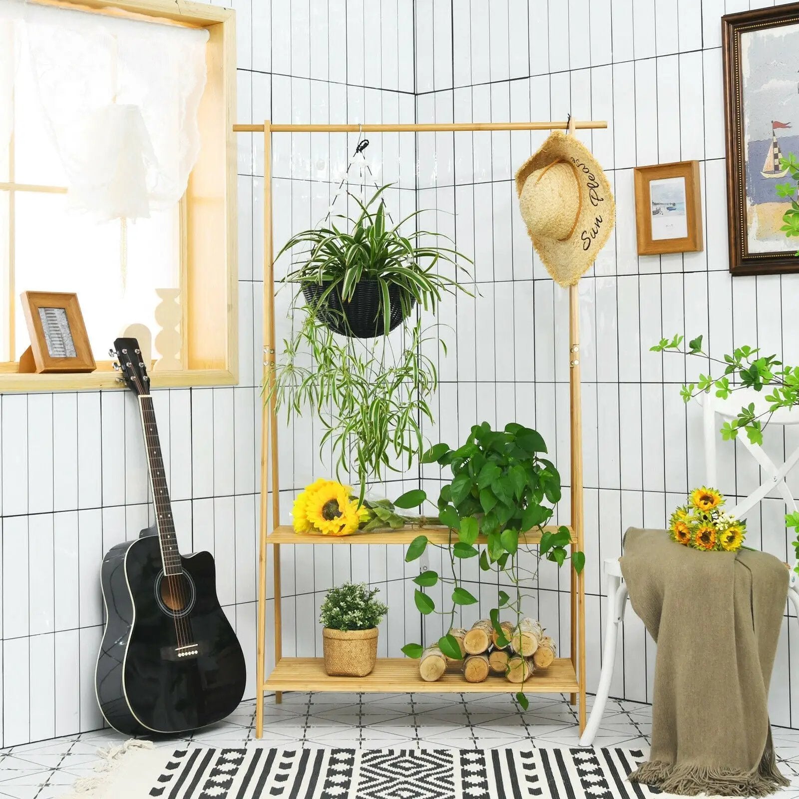 Bamboo Clothes Hanging Rack with 2-Tier Storage Shelf for Entryway Bedroom-Natural by DirectDeals
