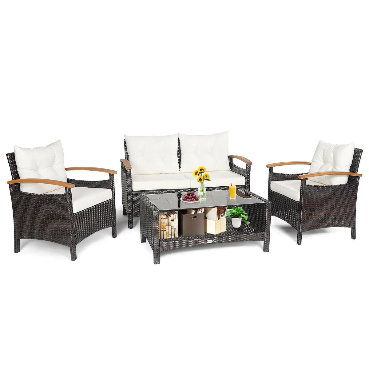 4 Pieces Patio Rattan Furniture Set with Cushioned Sofa and Storage Table by DirectDeals
