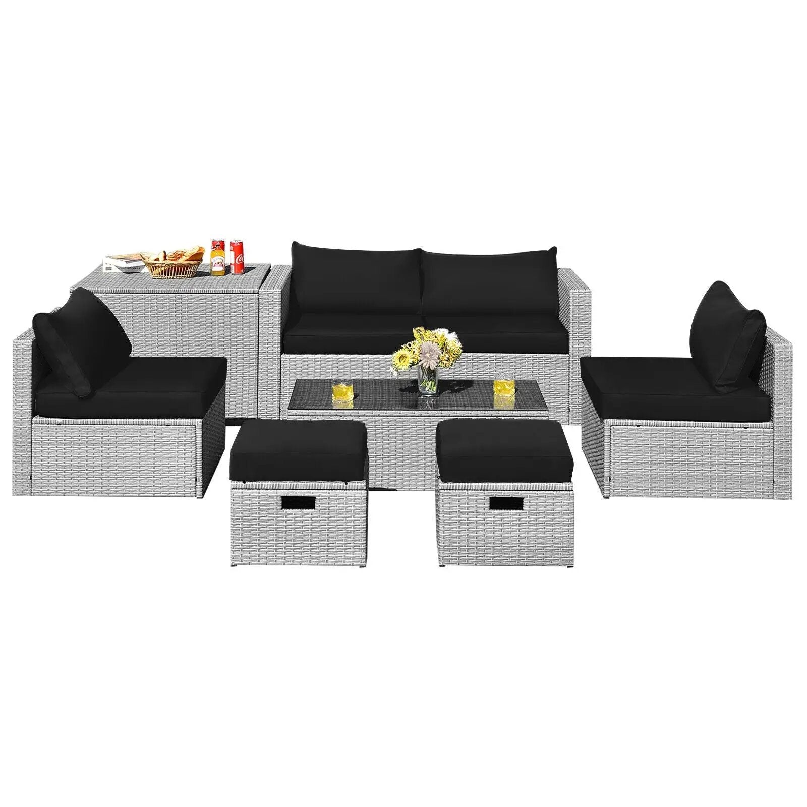 8 Pieces Patio Rattan Furniture Set with Storage Waterproof Cover and Cushion by DirectDeals