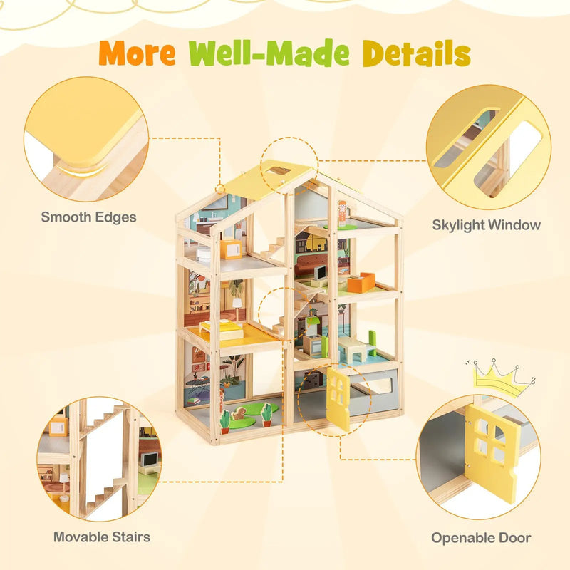 Wooden Dollhouse for Kids Modern Family Pretend Playhouse with Furniture Pieces and Figures-Natural by DirectDeals