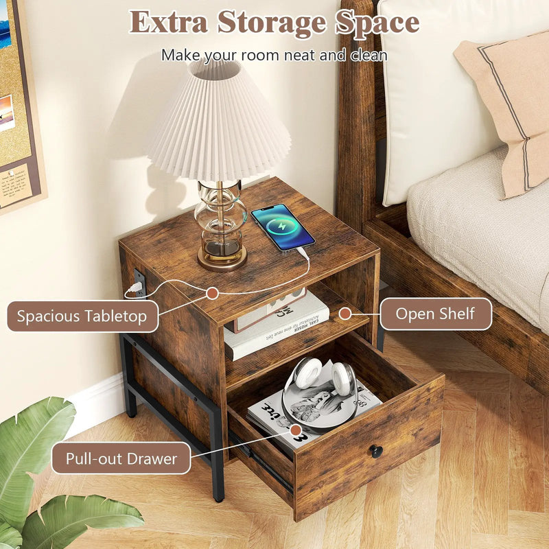 Nightstand with Charging Station and Drawer Sofa Side Table-Rustic Brown by DirectDeals