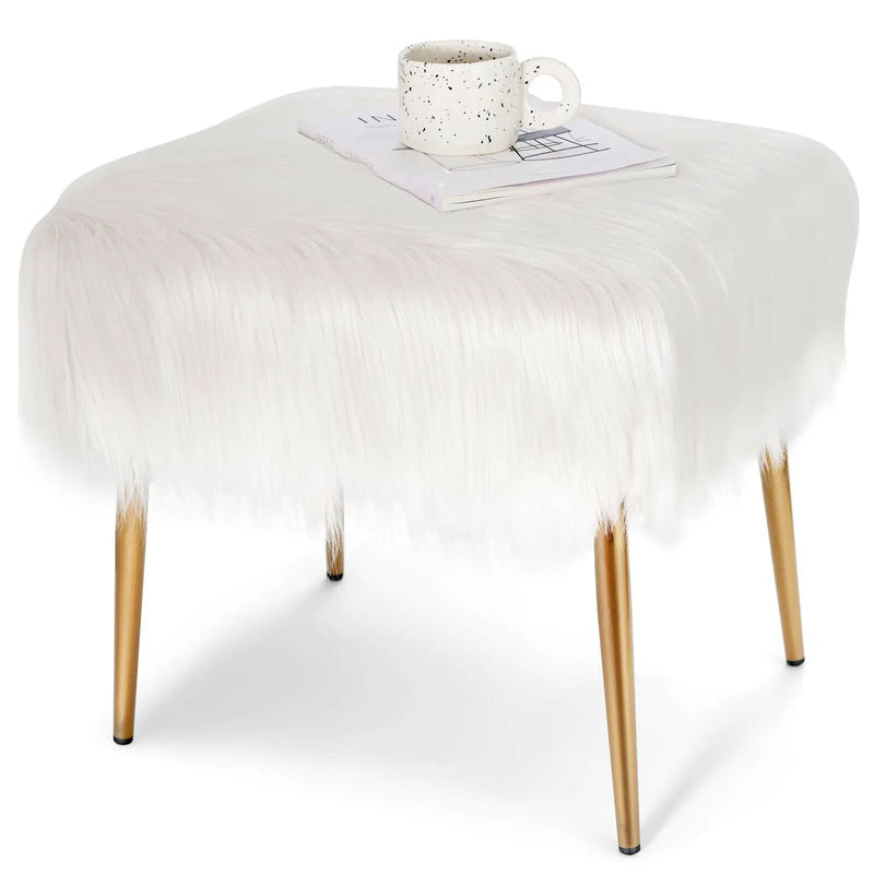 Faux Fur Vanity Stool with Golden Metal Legs for Makeup Room by DirectDeals