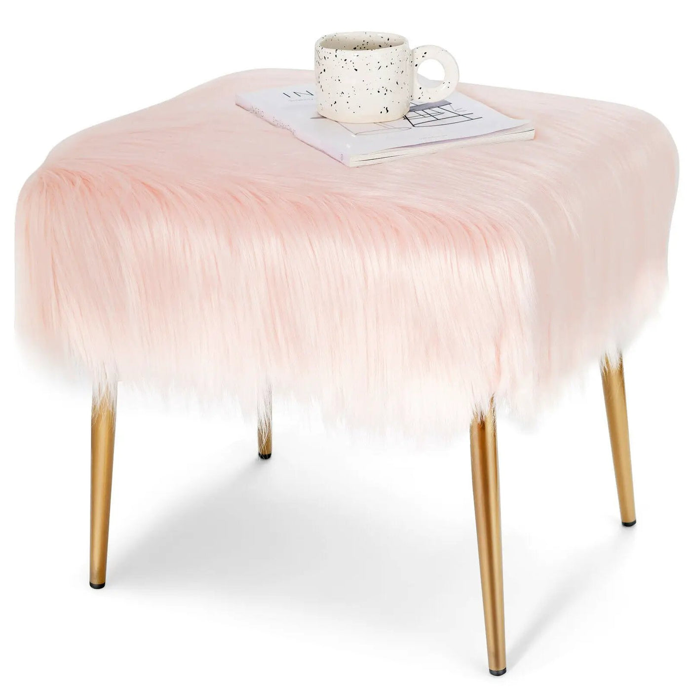 Faux Fur Vanity Stool with Golden Metal Legs for Makeup Room by DirectDeals