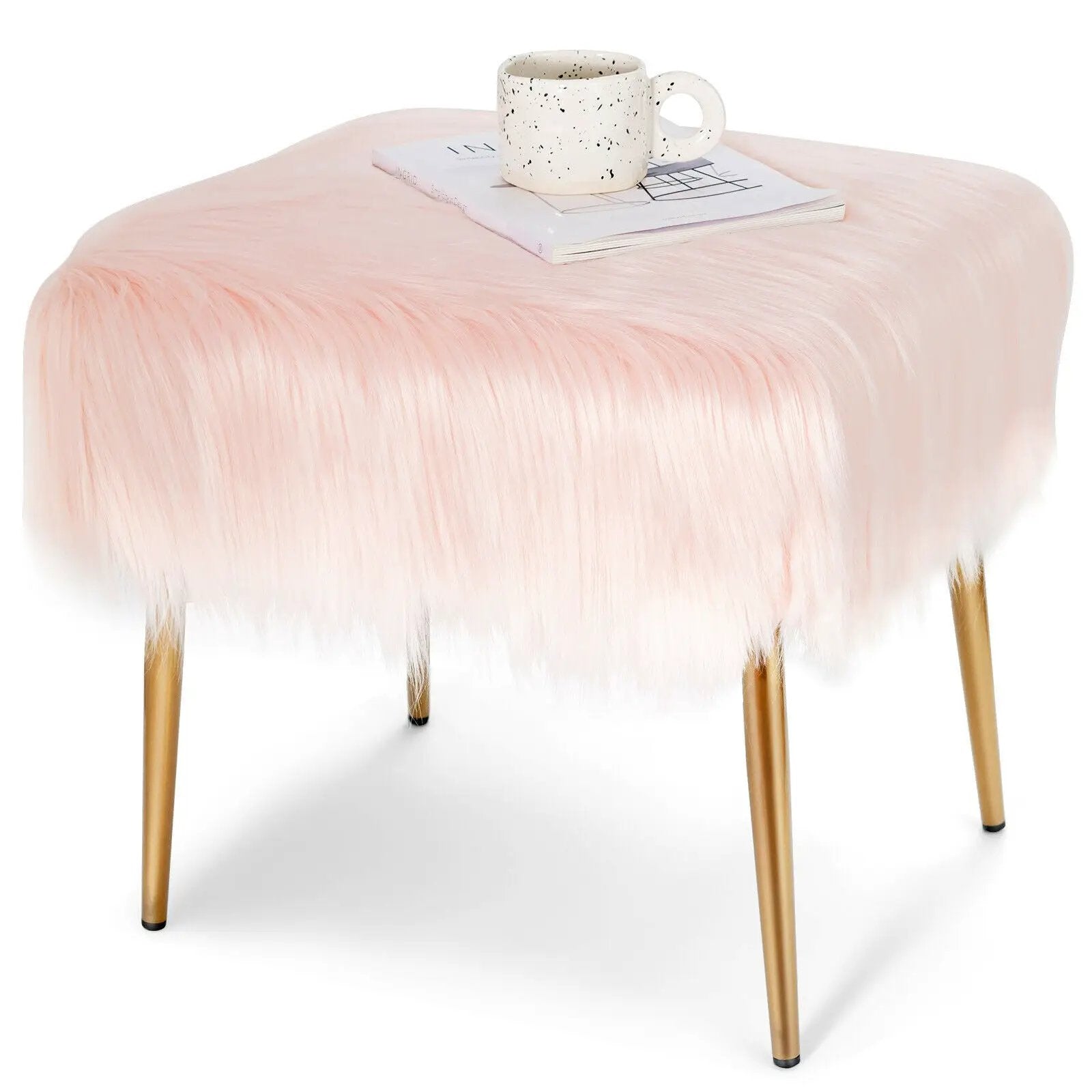 Faux Fur Vanity Stool with Golden Metal Legs for Makeup Room by DirectDeals