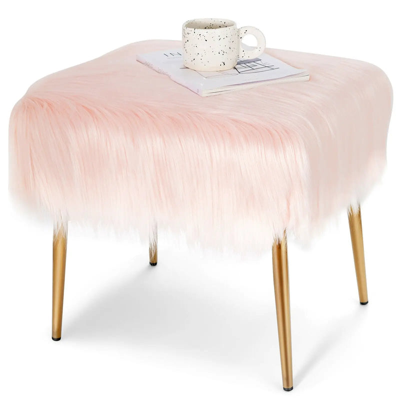 Faux Fur Vanity Stool with Golden Metal Legs for Makeup Room by DirectDeals