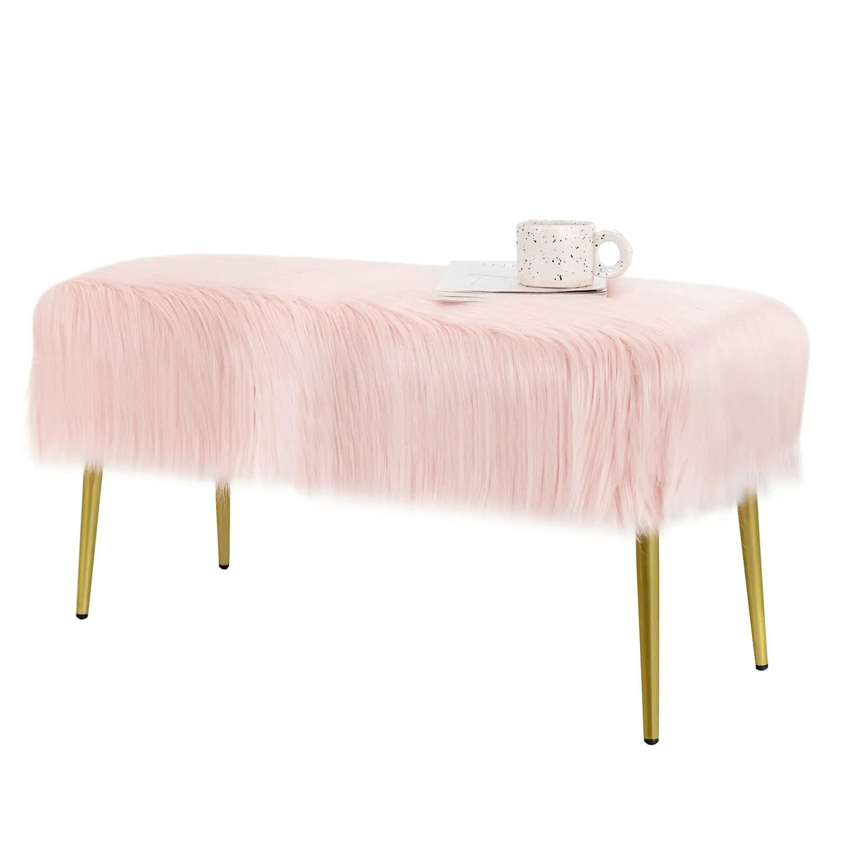 Upholstered Faux Fur Vanity Stool with Golden Legs for Makeup Room by DirectDeals