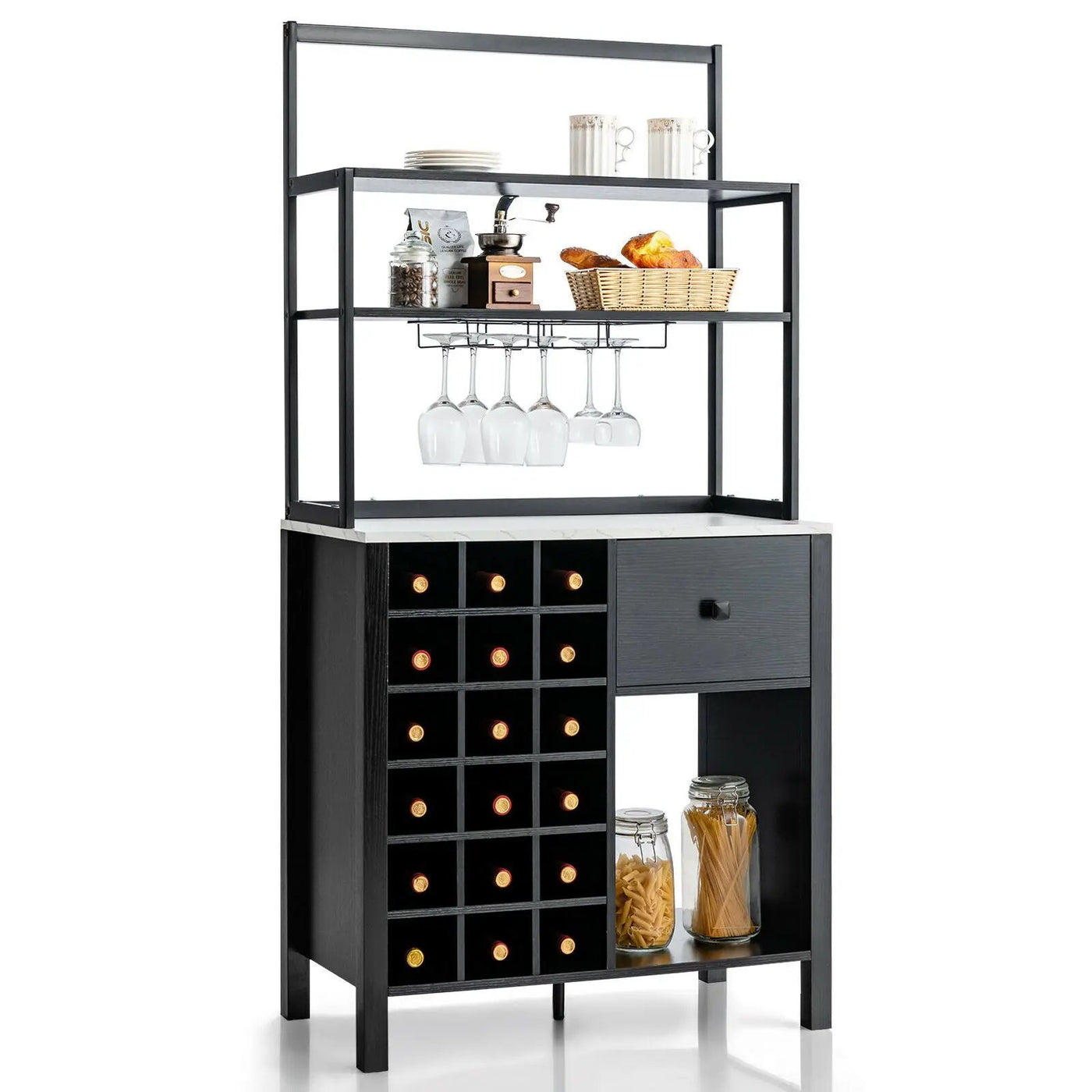Kitchen Bakers Rack Freestanding Wine Rack Table with Glass Holder and Drawer by DirectDeals