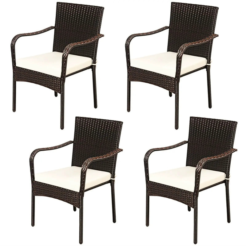 Set of 4 Patio Rattan Stackable Dining Chair with Cushioned Armrest for Garden by DirectDeals
