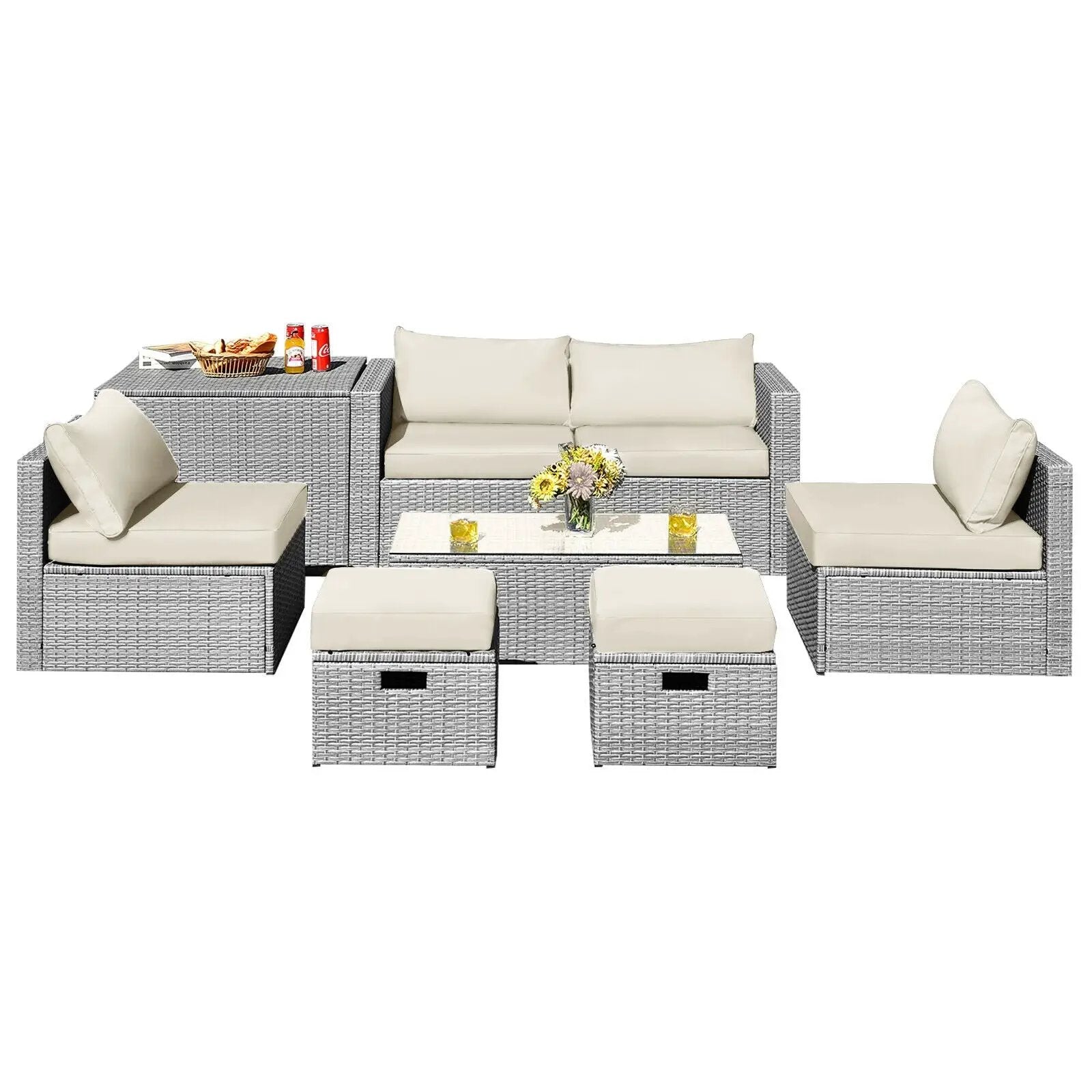 8 Pieces Patio Rattan Furniture Set with Storage Waterproof Cover and Cushion by DirectDeals