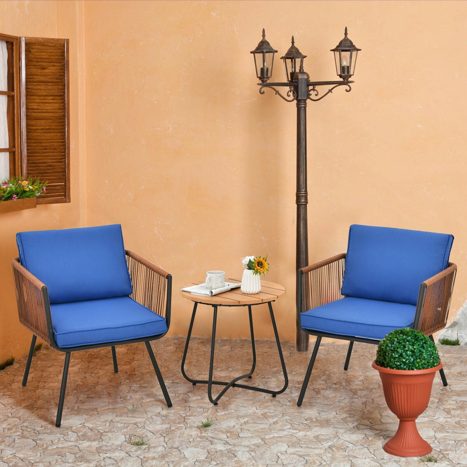 3 Pieces Patio Bistro Furniture Set with Armrest and Soft Cushions by DirectDeals