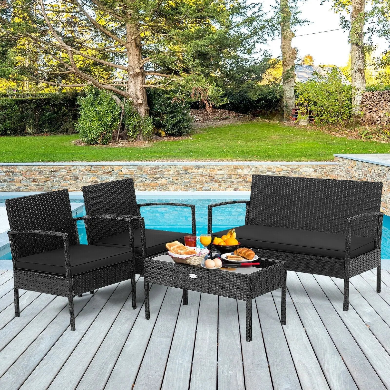 4 Pieces Patio Rattan Furniture Set with Cushion by DirectDeals