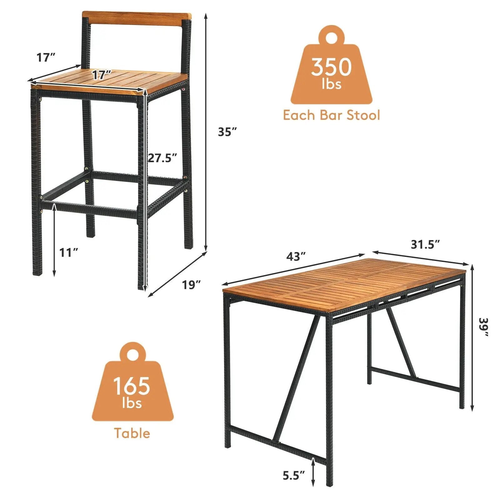 5 Pieces Outdoor Acacia Wood and PE Rattan Bar Set by DirectDeals