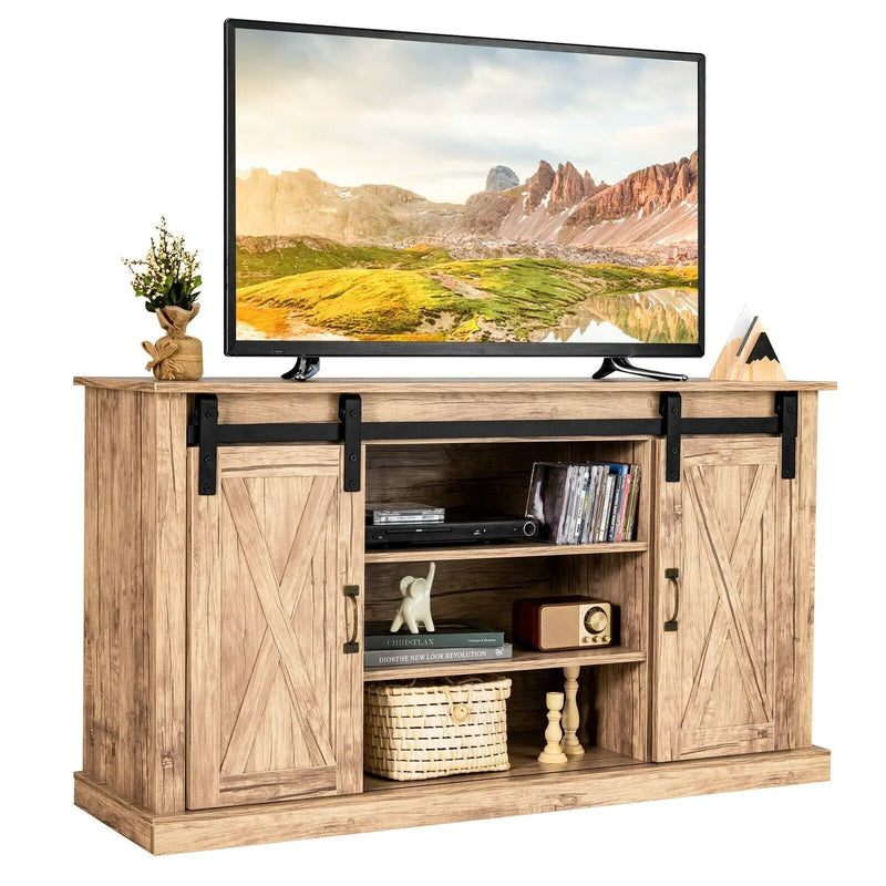 55 Inch Sliding Barn Door TV Stand with Adjustable Shelves for TVs up to 65 Inch-Natural by DirectDeals