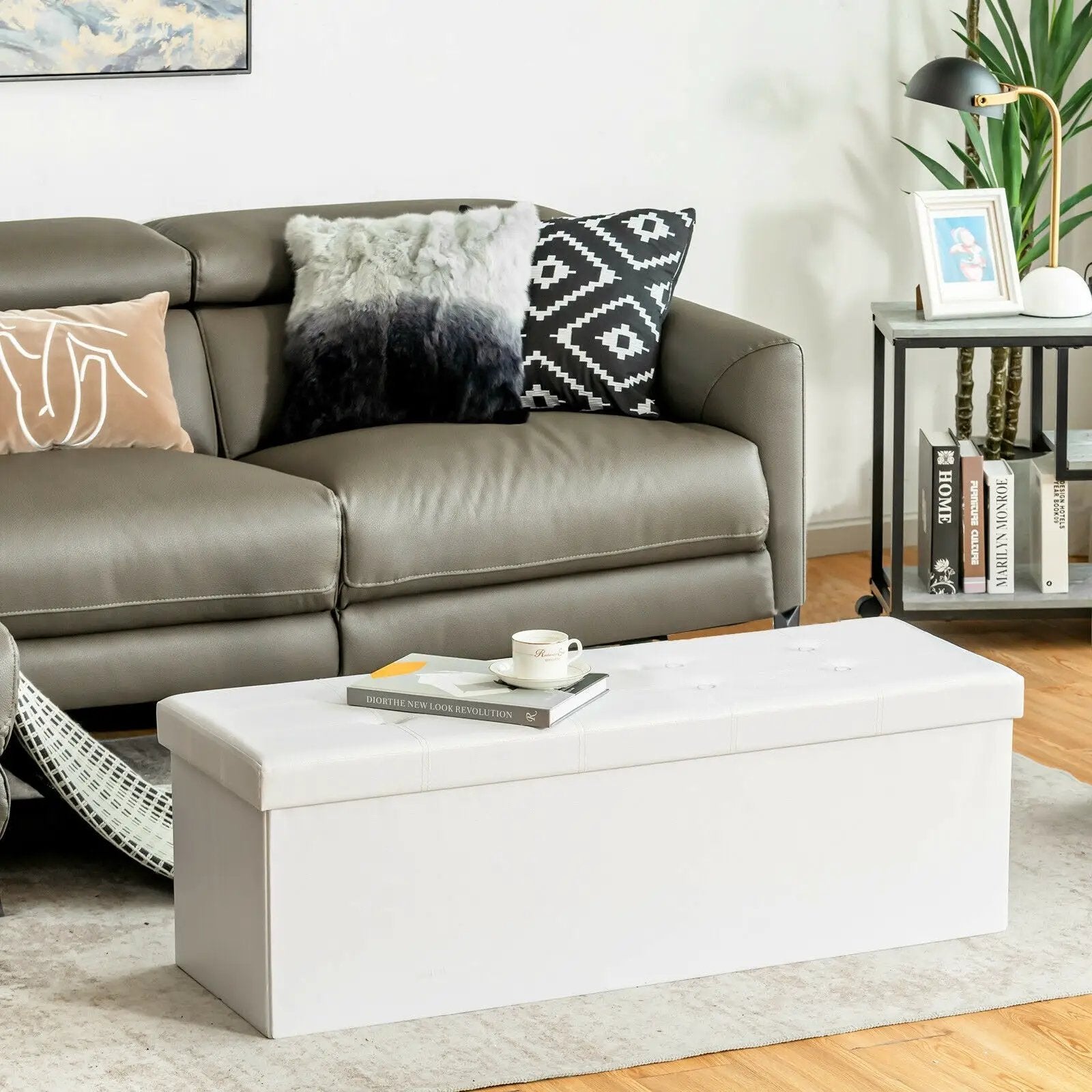45 Inches Large Folding Ottoman Storage Seat-White by DirectDeals