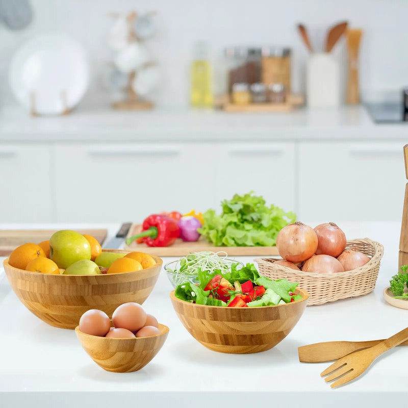 8 Pieces Bamboo Salad Bowl Set with Server Utensils-Natural by DirectDeals