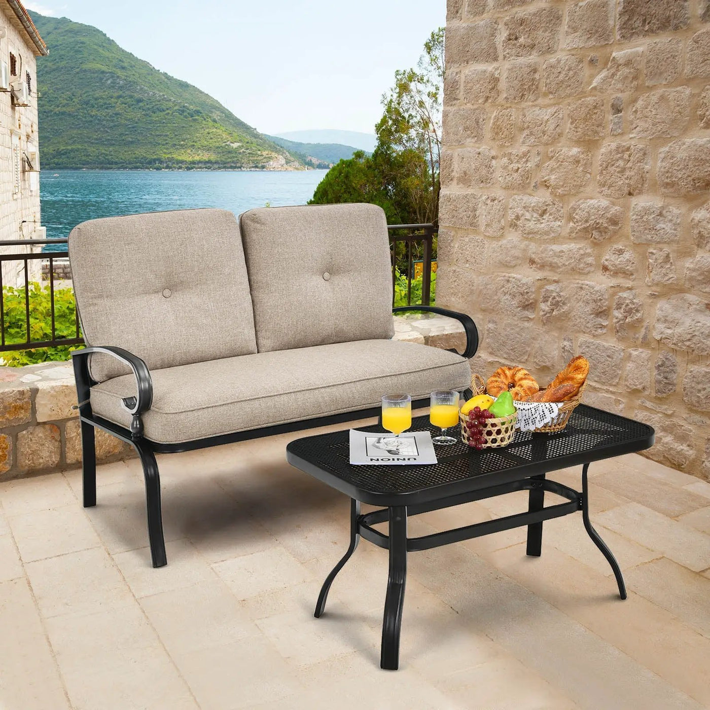 2 Pieces Patio Loveseat Bench Table Furniture Set with Cushioned Chair-Blue by DirectDeals