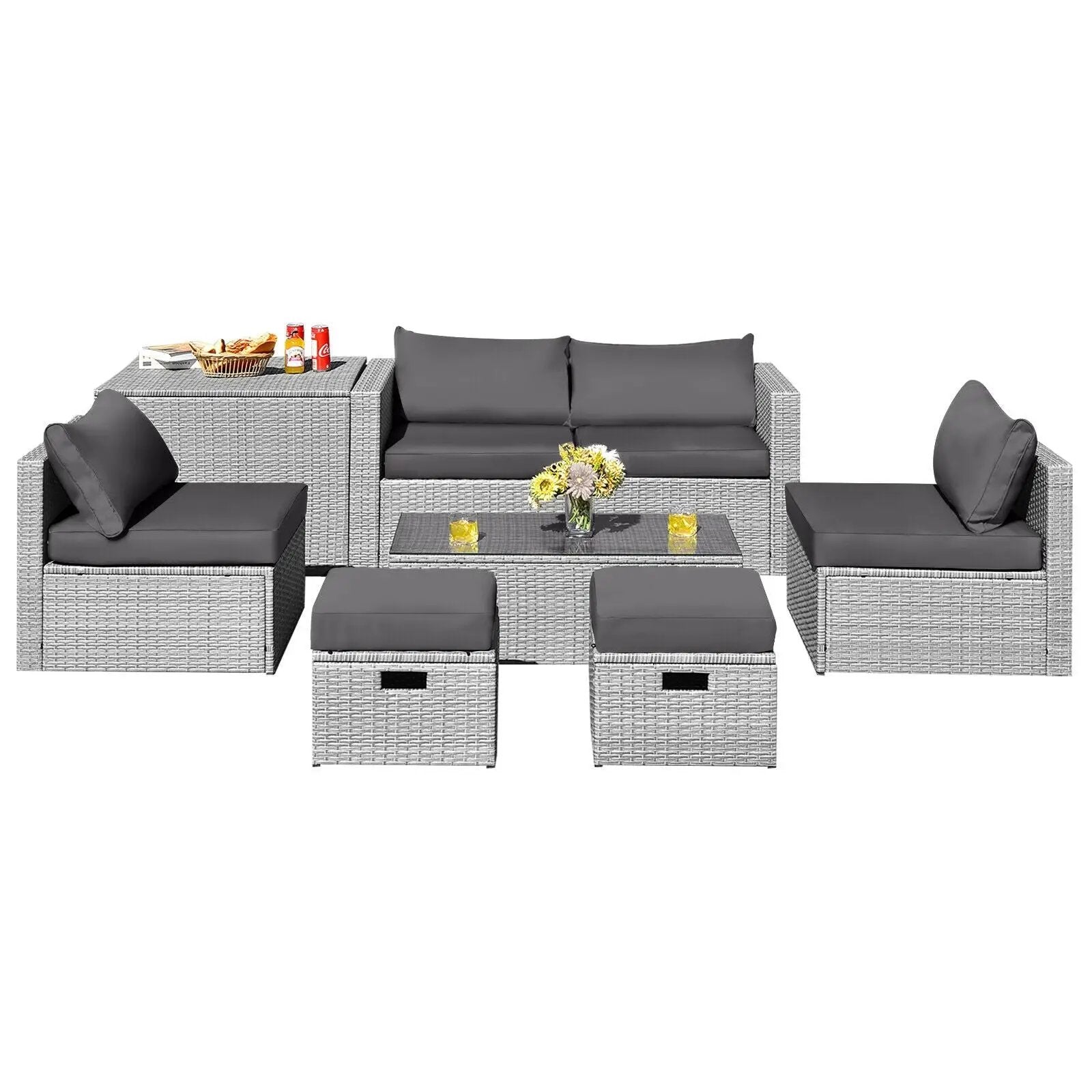 8 Pieces Patio Rattan Furniture Set with Storage Waterproof Cover and Cushion by DirectDeals