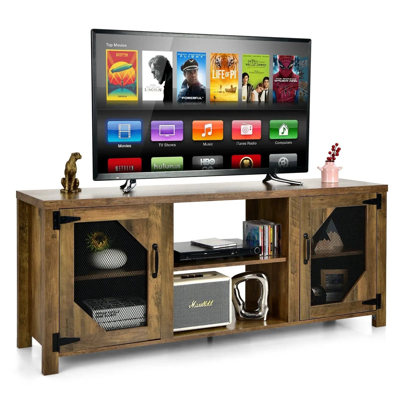TV Stand for TVs up to 65-Inch with 2 Metal Mesh Doors and Ad-Rustic Brown by DirectDeals