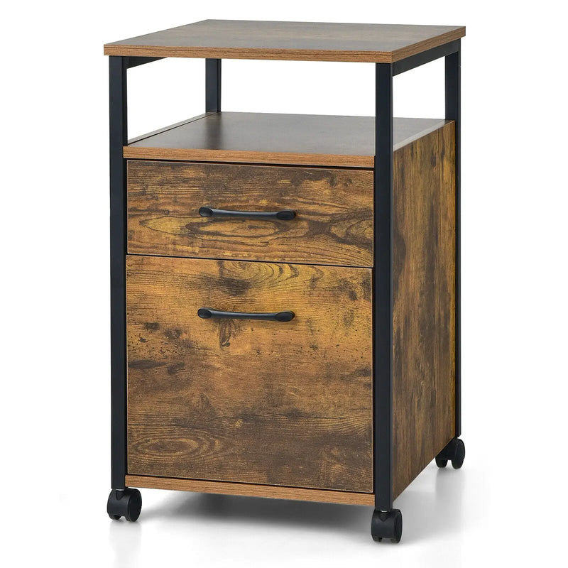 2 Drawer Mobile File Cabinet Printer Stand with Open Shelf for Letter Size-Rustic Brown by DirectDeals