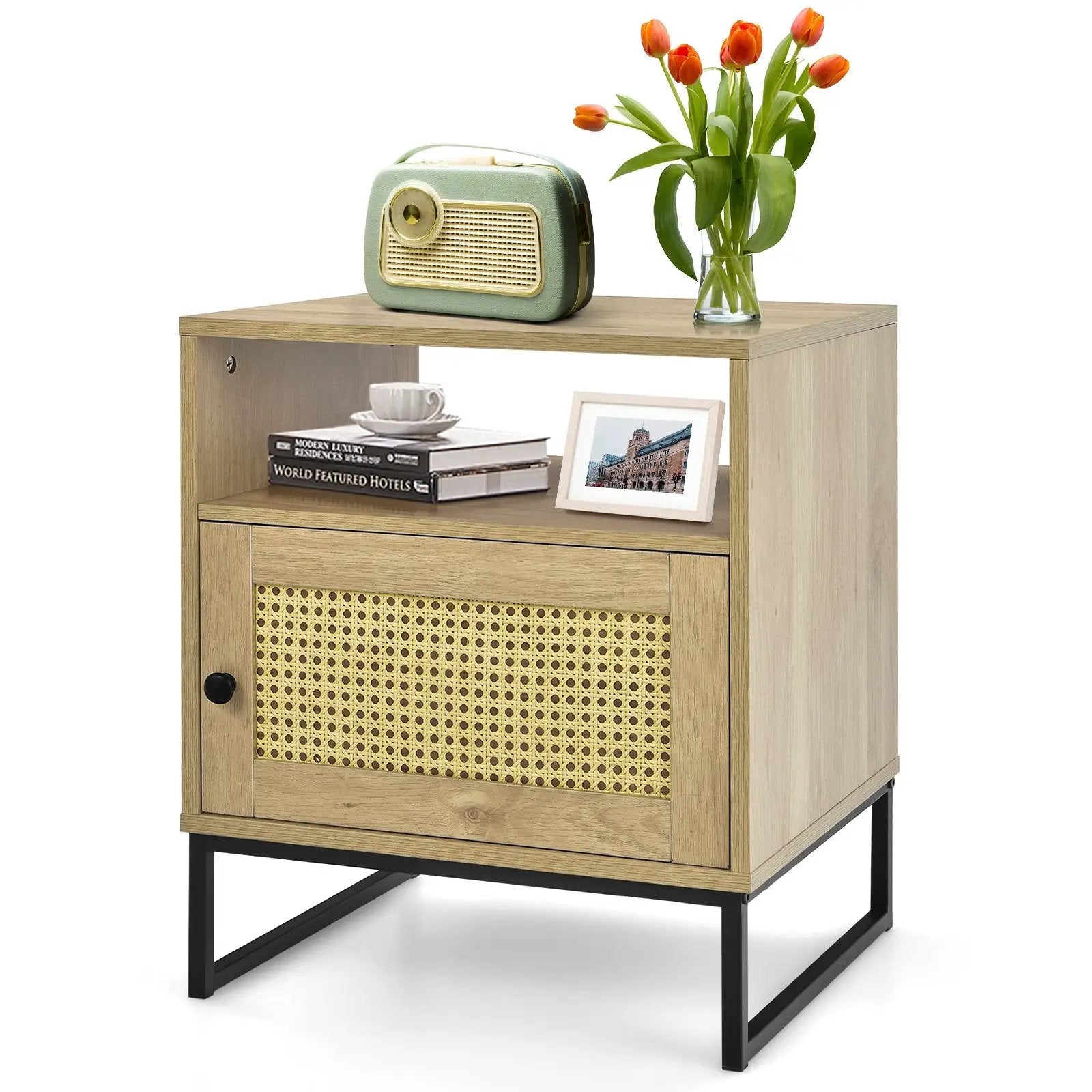 Wooden Side End Table with Cabinet and Rattan Decorated Door-Natural by DirectDeals