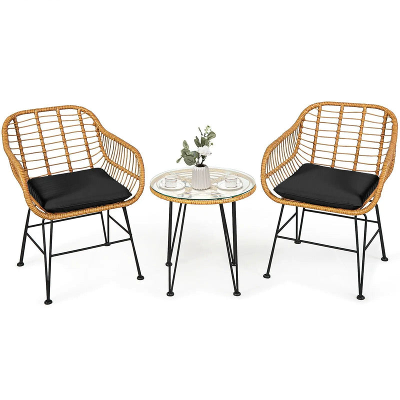 3 Pieces Rattan Furniture Set with Cushioned Chair Table by DirectDeals