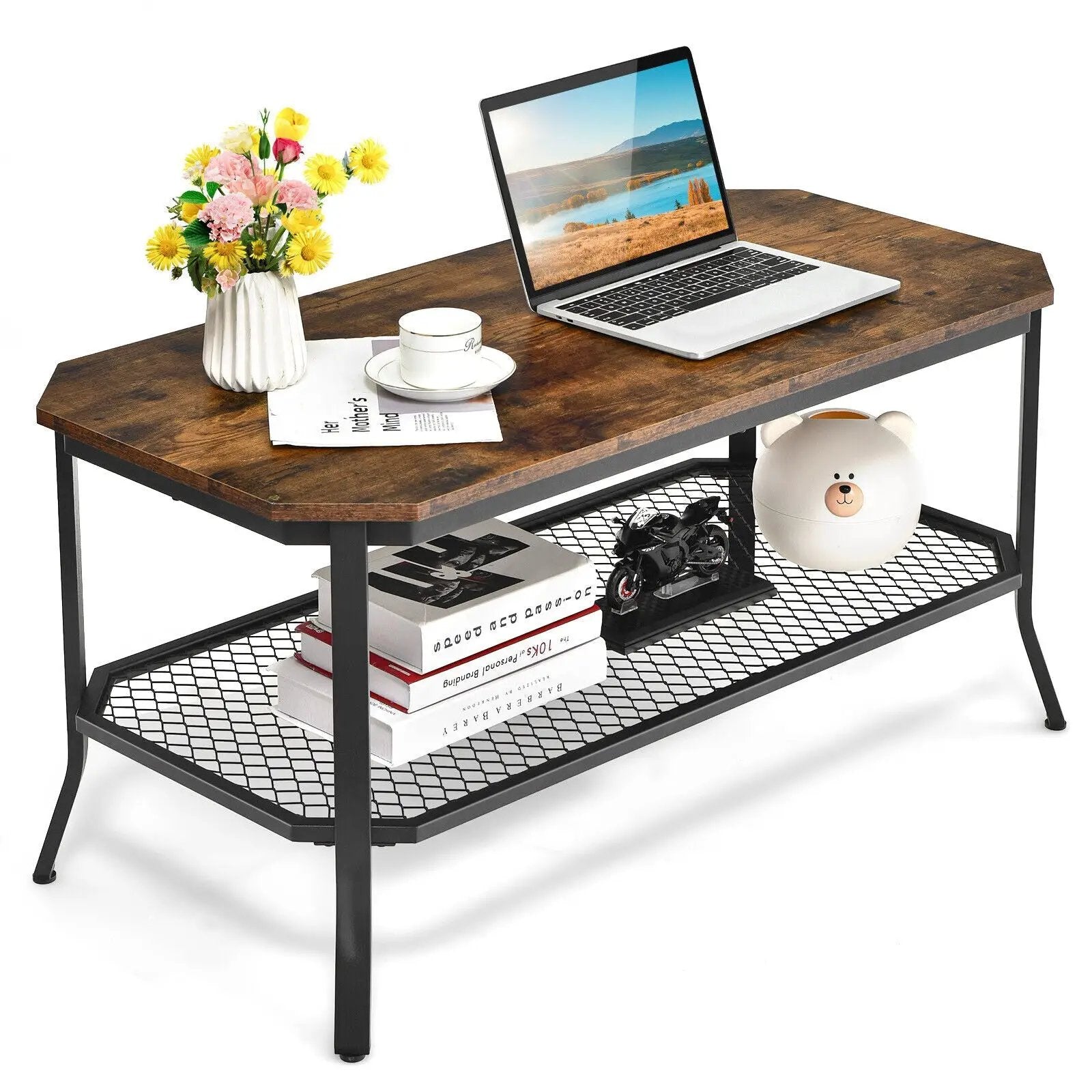 2-Tier Industrial Coffee Table with Open Mesh Storage Shelf for Living Room-Rustic Brown by DirectDeals