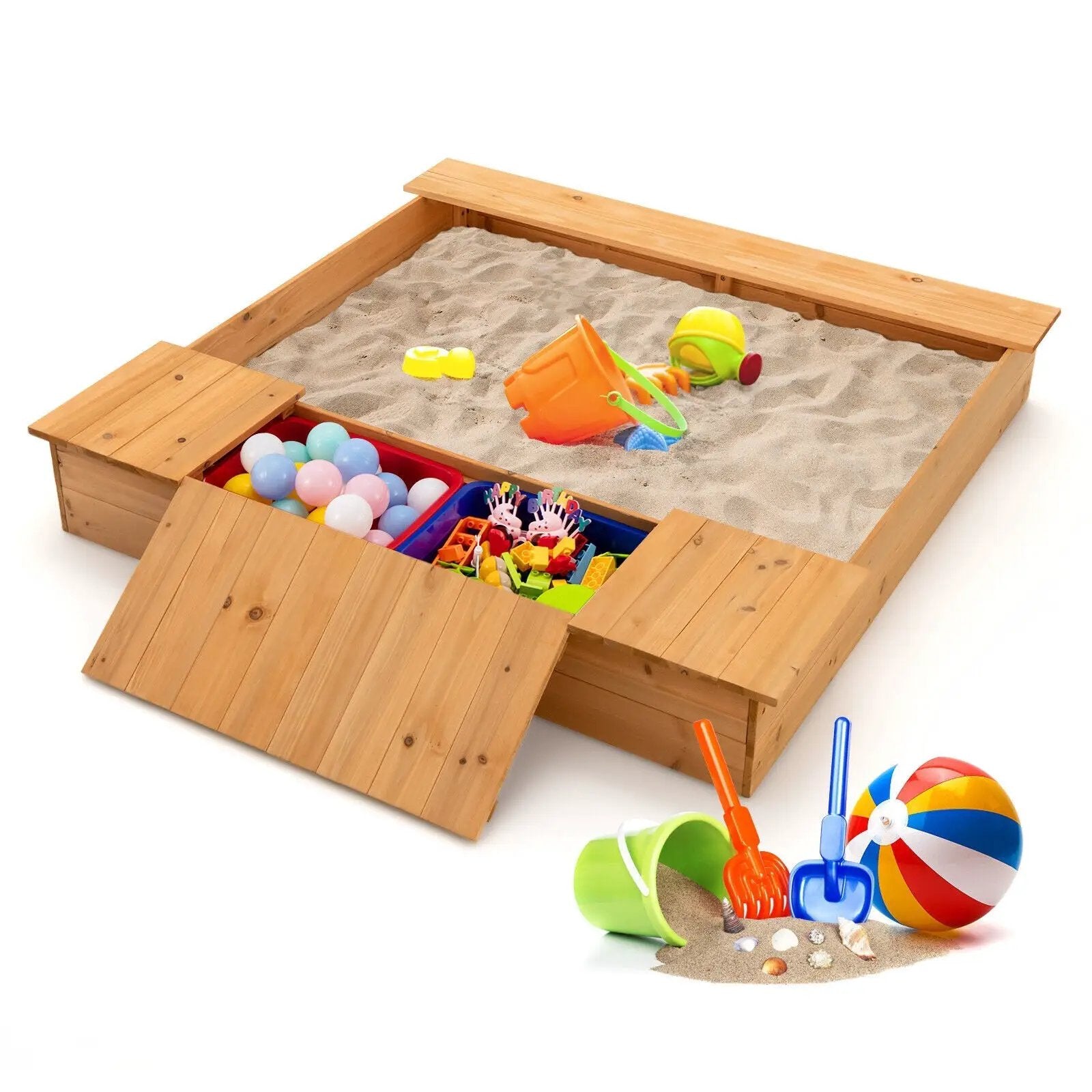 Kids Wooden Sandbox with Bench Seats and Storage Boxes by DirectDeals