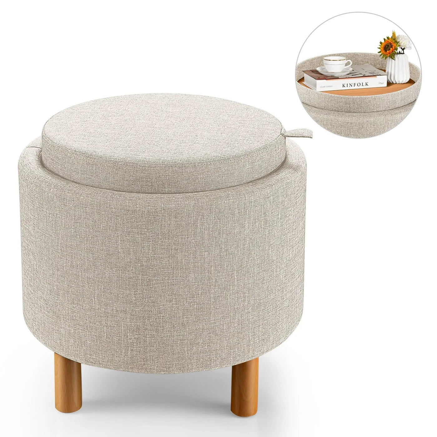 Round Fabric Storage Ottoman with Tray and Non-Slip Pads for Bedroom by DirectDeals