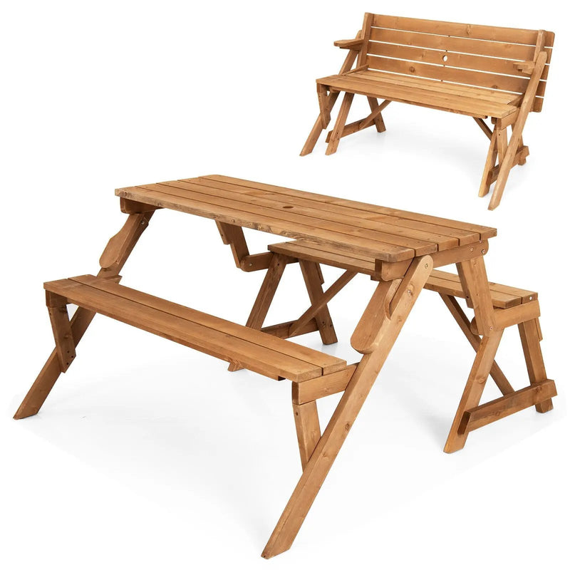 2-in-1 Transforming Interchangeable Wooden Picnic Table Bench with Umbrella Hole-Dark Brown by DirectDeals
