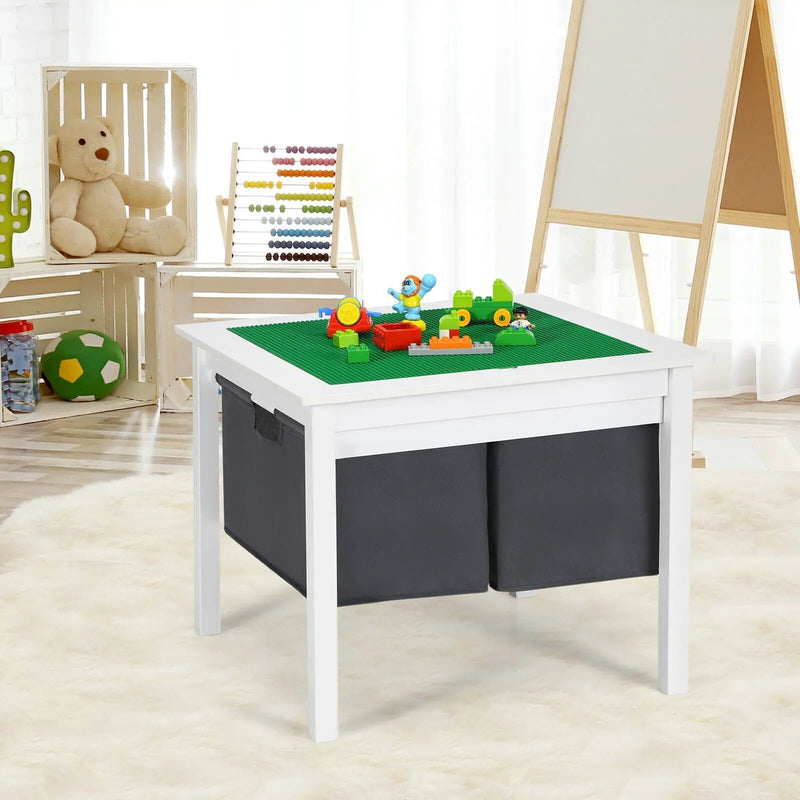 2-in-1 Kids Double-sided Activity Building Block Table with Drawers-White by DirectDeals