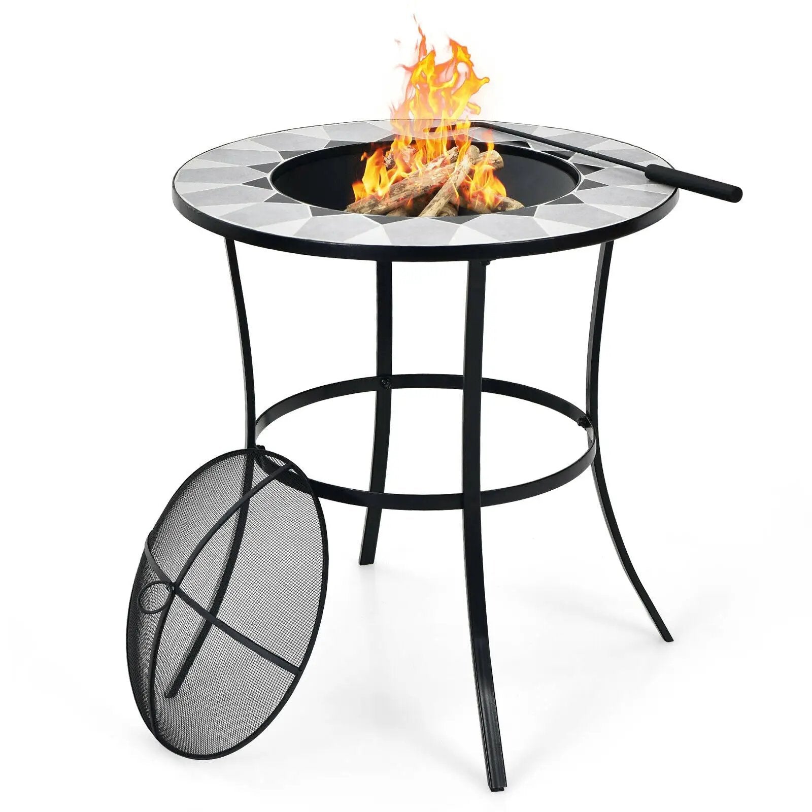 23.5 Inches Round Fire Pit Table with Mesh Cover and Fire Poker by DirectDeals