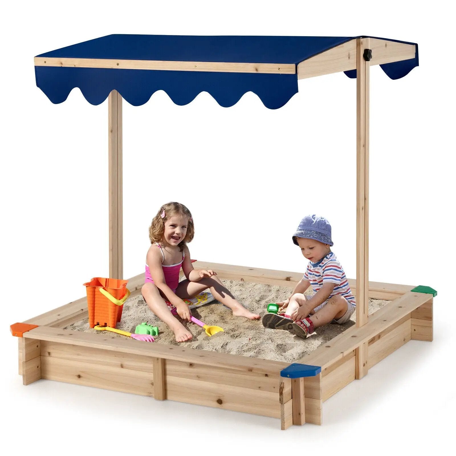 Kids Wooden Sandbox with Height Adjustable and Rotatable Canopy Outdoor Playset by DirectDeals