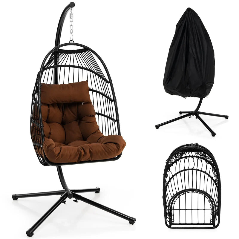 Patio Hanging Egg Chair with Stand Waterproof Cover and Folding Basket-Brown by DirectDeals