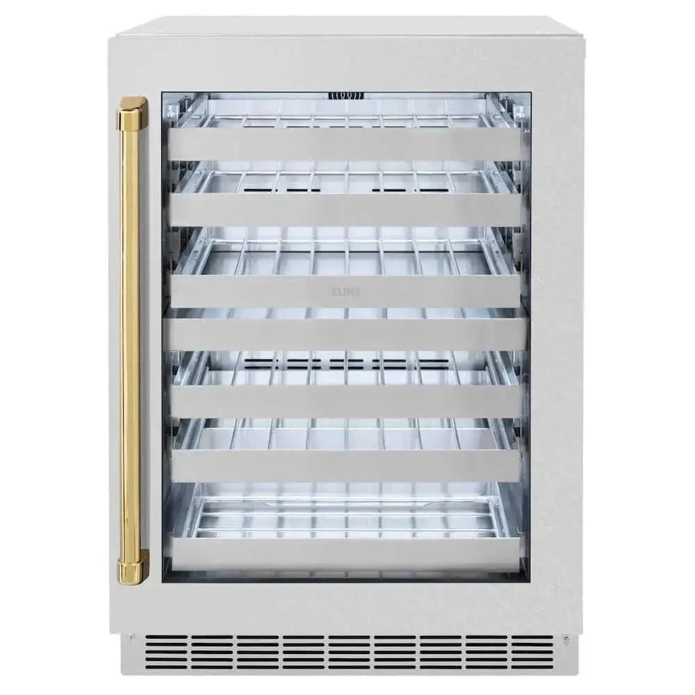 ZLINE 24" Touchstone Dual Zone 44 Bottle Wine Cooler DuraSnow® Stainless Steel Glass Door Polished Gold Handle RWDOZ-SN-24-G by Farmhouse Kitchen and Bath