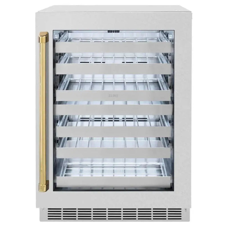 ZLINE 24" Touchstone Dual Zone 44 Bottle Wine Cooler DuraSnow® Stainless Steel Glass Door Polished Gold Handle RWDOZ-SN-24-G by Farmhouse Kitchen and Bath