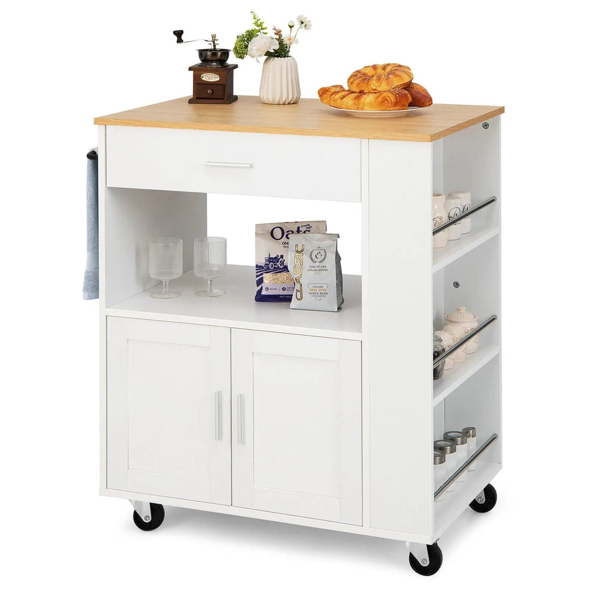 Rolling Kitchen Trolley with 3 Spice Racks Drawer and Open Shelf by DirectDeals
