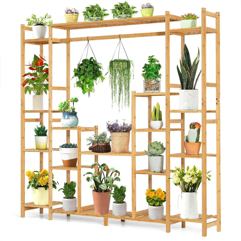 9-Tier Bamboo Plant Stand with Hanging Rack by DirectDeals