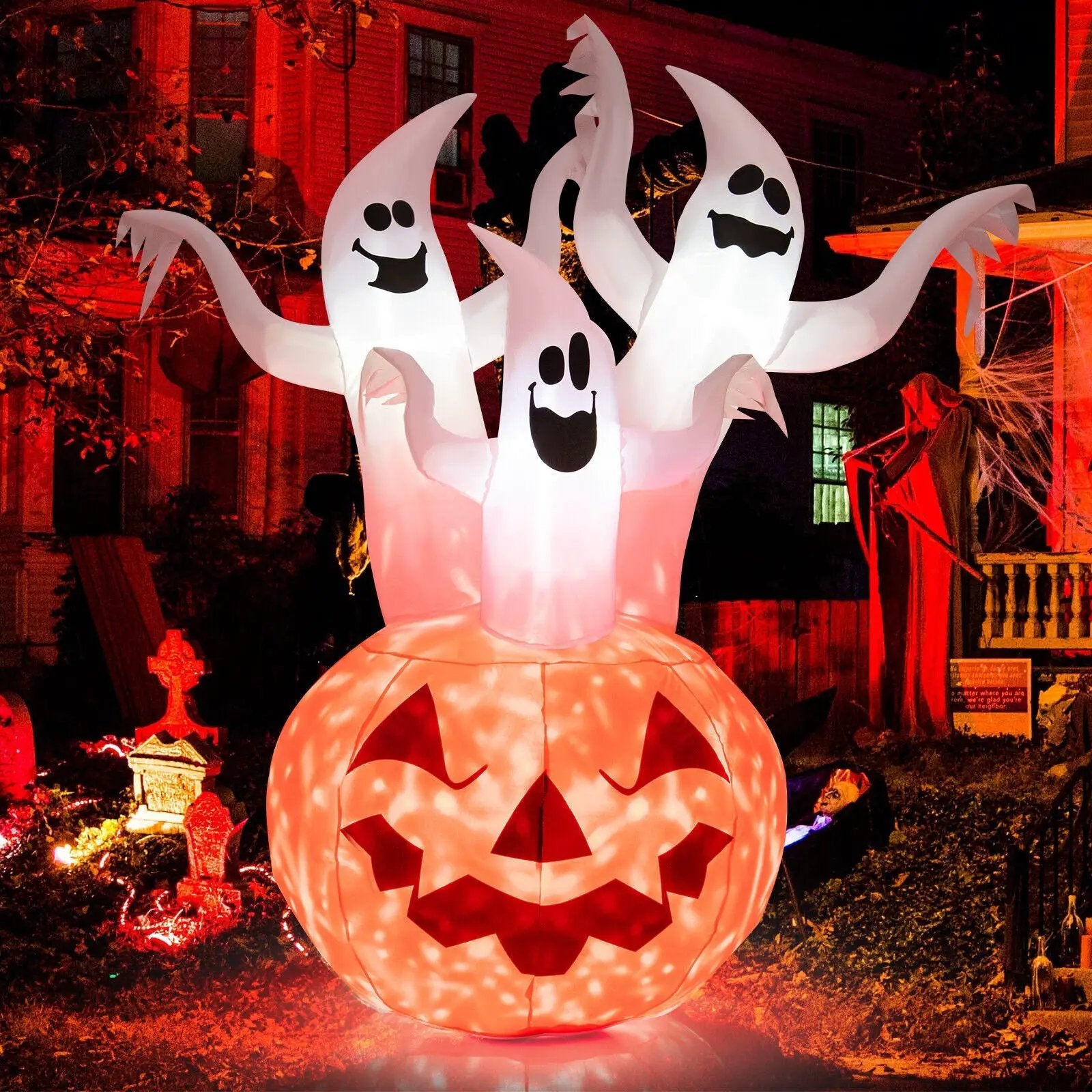 6 Feet Inflatable Halloween Ghosts with Pumpkin Decor and Rotating Lamp by DirectDeals