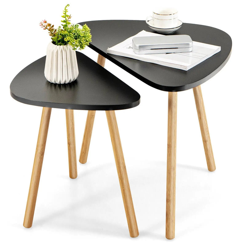Set of 2 Modern Nesting Coffee Tables Triangular Tabletop Bamboo Legs by DirectDeals