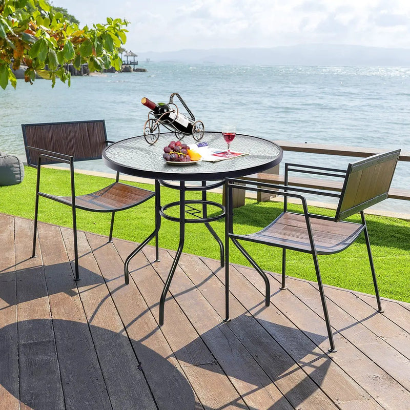 32 Inch Patio Tempered Glass Steel Frame Round Table with Convenient Umbrella Hole by DirectDeals