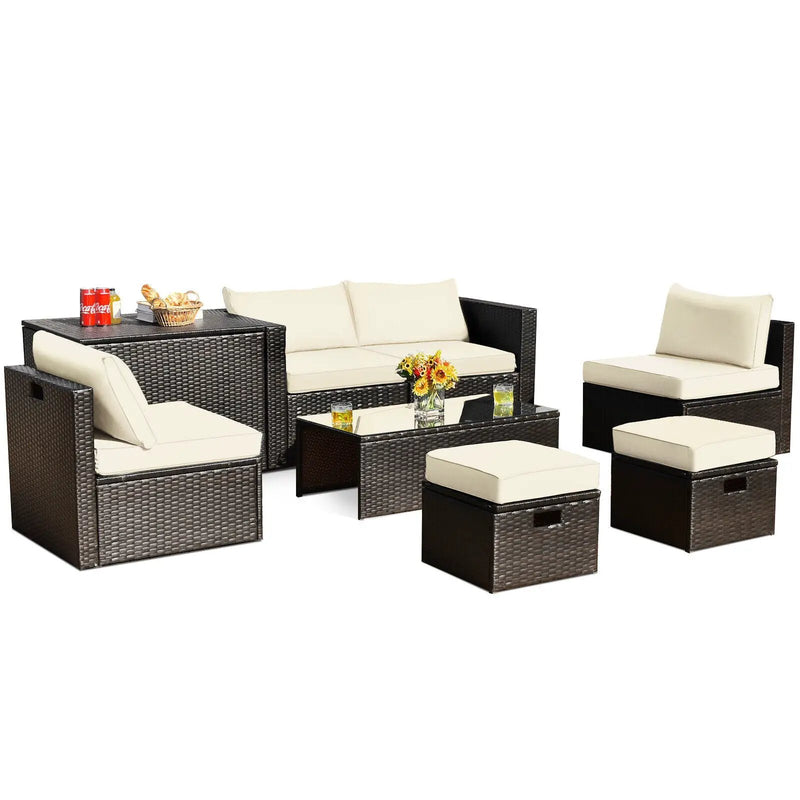 8 Pieces Patio Space-Saving Rattan Furniture Set with Storage Box and Waterproof Cover-Gray by DirectDeals