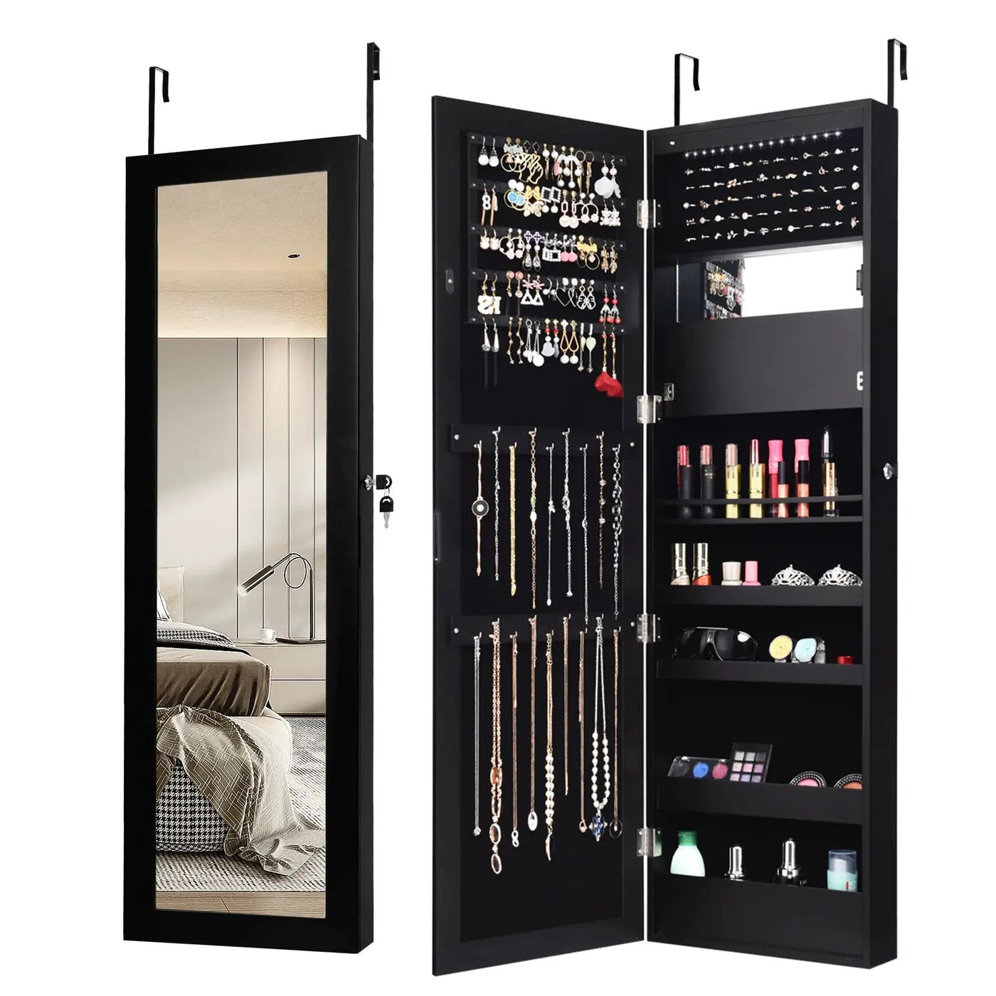 Lockable Wall Door Mounted Mirror Jewelry Cabinet w/LED Lights by DirectDeals