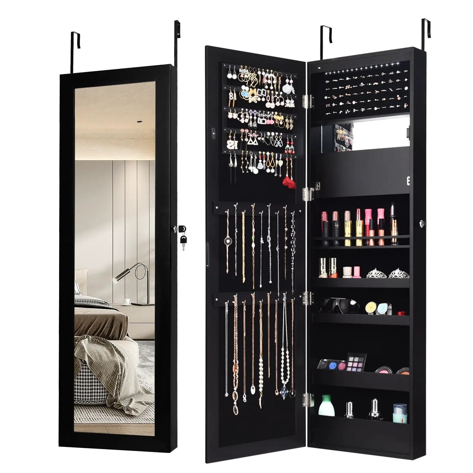 Lockable Wall Door Mounted Mirror Jewelry Cabinet w/LED Lights by DirectDeals