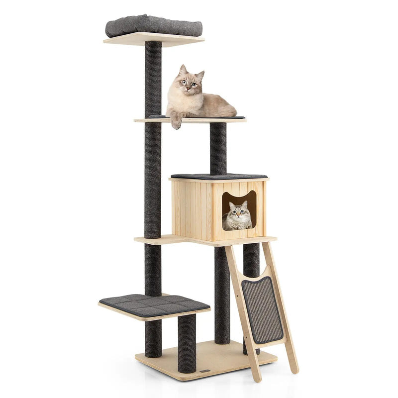 5-Tier Modern Wood Cat Tower with Washable Cushions-Gray by DirectDeals