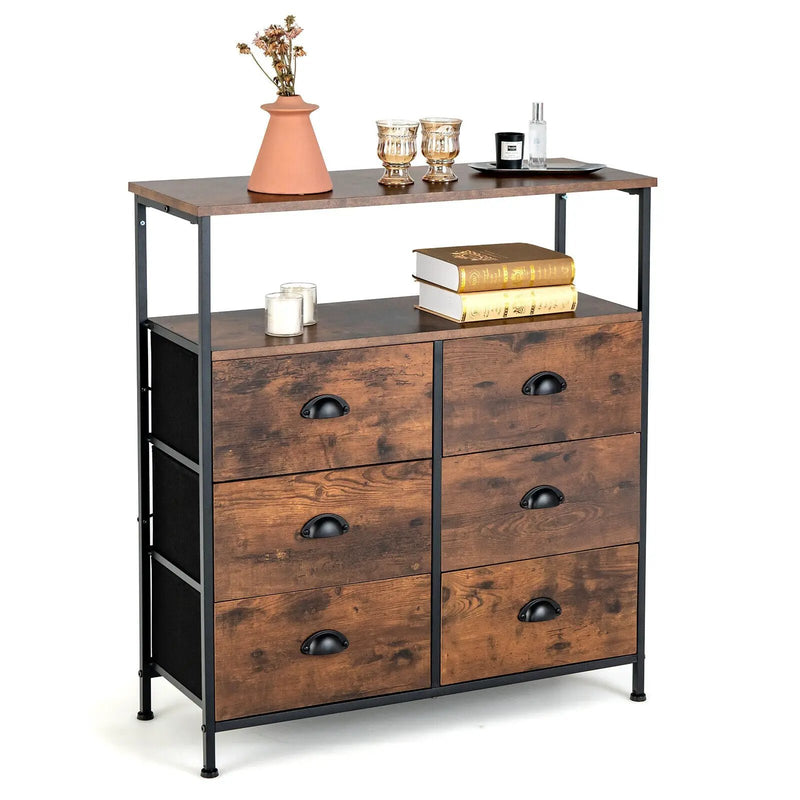 2-Tier Storage Chest with Wooden Top and 6 Fabric Drawers-Rustic Brown by DirectDeals
